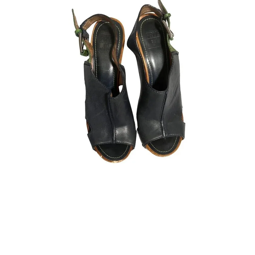 Frye Womens  Dara Black & Green Leather Slingback Heeled Sandals Wooden